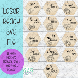 DIGITAL FILE - Laser File - Monthly Milestone Markers - Baby Monthly Markers -Pretty Flower Milestone Markers - SVG - Glowforge - Month Markers